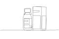 Medicine bottle with package, cough syrup, constipation syrup, herbal tincture, medicine one line art. Continuous line