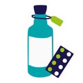 Medicine bottle with pills, capsules, blister with pills, bottle with liquid. Flat vector illustration. Vitamin or medicament.