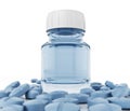 Medicine bottle and pills isolated on white background. 3D illustration