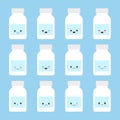 Medicine bottle smiling. Happy cute boottle on a blue background, medication with emotion and eyes, smile, happiness. Vector image