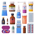 Medicine Bottles and Blister with Capsules Set, Pharmaceutics, Drug Store, Medical Prescription Packaging Flat Style