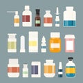 Medicine bottles collection. Bottles of drugs, tablets, capsules and sprays. Vector illustration Royalty Free Stock Photo