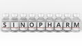 Letters on medicine vials compose SINOPHARM text, conceptual 3d rendering