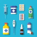 Medicine and drugs icons set with shadows. Flat style vector illustration