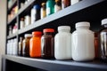 Medicine bottles neatly lined up on a drugstore shelf, ready for patients