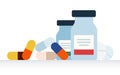 Medicine bottles, tablets, pills in glass jars flat design vector illustration.