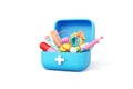 Medicine box first aid model set is bandage, adhesive plaster, pills, syringe, stethoscope and thermometer cute cartoon style kid.