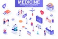 Medicine bundle of isometric elements. First aid kit, medicine, doctor, laboratory research, pharmacy industry