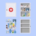 Medicine cabinet for safe medication storage with open and closed door Royalty Free Stock Photo