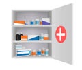 Medicine cabinet with tablets pills and drug bottles. Home pharmacy in bathroom 3d vector illustration. Open box with Royalty Free Stock Photo