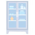 Medicine cabinet with transparent doors in blue color in flat style, cartoon illustration, isolated object on white background, Royalty Free Stock Photo