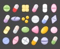 Medicine cartoon pill, drug, table, antibiotics, medication dose cartoon flat style icons.