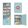 Medicine chest full of drugs, pills and bottles. Metal open and closed medical cabinet with Medications