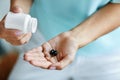 Medicine. Closeup Of Female Hand Pouring Pills Into Palm Royalty Free Stock Photo