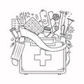 Medicine coloring book for adults. First aid kit, mask, bandage, syringe, virus in the outline style. Vector