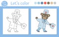 Medicine coloring page for children. Vector bear doctor going with first aid kit and waving his hand. Cute funny animal character