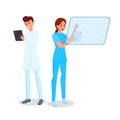 Medicine computerization flat vector illustration. Smiling young doctor and nurse with tablets characters. Smart medics Royalty Free Stock Photo