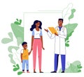 Medicine concept with black doctor and family patients on plant background.