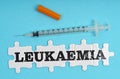 On a blue background, a syringe and puzzles with the inscription - LEUKAEMIA