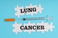 On a blue background, a syringe and puzzles with the inscription - LUNG CANCER