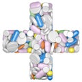 Medicine concept. Cross shape with with pills and capsules.