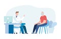 Medicine concept with a doctor and old patient in hospital medical office. Consultation and diagnosis. Vector illustration flat Royalty Free Stock Photo