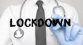 Medicine concept. Doctor writes the word LOCKDOWN . Image of a hand holding a marker isolated on a white background Royalty Free Stock Photo