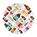Medicine concept. Drug, medication, bottles and pills icons. Vector illustration