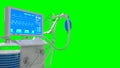 ICU covid ventilator with bed rendered isolated on green, healthcare 3d illustration Royalty Free Stock Photo