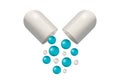 Medicine 3d pill, capsule vector icon, white open medical tablet, realistic drug half, pharmacy mockap, falling blue balls, Royalty Free Stock Photo