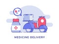 Medicine delivery concept pharmacy drug box delivery on scooter white isolated background with flat color outline style