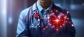 Medicine doctor holding red heart shape with medical icon network Royalty Free Stock Photo