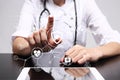 Medicine doctor with modern computer, virtual screen interface and icon medical network connection. health care concept. Royalty Free Stock Photo