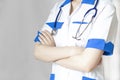 Medicine doctor with stethoscope in hand on hospital background, Medical technology, Healthcare and Medical concept Royalty Free Stock Photo