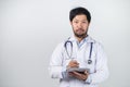 Medicine doctor with stethoscope touching medical icon network connection and modern interface on digital tablet on hospital Royalty Free Stock Photo