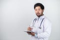 Medicine doctor with stethoscope touching medical icon network connection and modern interface on digital tablet on hospital Royalty Free Stock Photo