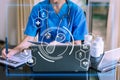 Medicine doctor touching electronic medical record on tablet. DNA. Digital healthcare and network connection on hologram modern Royalty Free Stock Photo