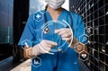 Medicine doctor touching electronic medical record on tablet. DNA. Digital healthcare and network connection Royalty Free Stock Photo