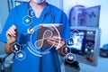 Medicine doctor touching electronic medical record on tablet. DNA. Digital healthcare and network connection on hologram Royalty Free Stock Photo