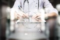 Medicine doctor, virtual screen interface and icon medical network connection. Medical network and health care concept. Royalty Free Stock Photo