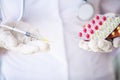 Medicine. Doctor woman holding blister pack pills Royalty Free Stock Photo