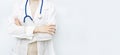 Medicine doctor woman in white coat with stethoscope. Healthcare and medical concept. Banner with copy space. Royalty Free Stock Photo