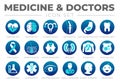 Medicine and Doctors Round Blue Icon Set of Cardiology, Neurology, Gynecology, Orthopedy, Gastroenterology, Stomatology,Oncology,