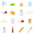 Medicine drugs icons set, cartoon style