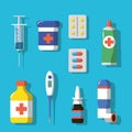 Medicine and drugs icons set with shadows. Flat style vector illustration