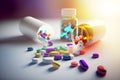 Medicine and drugs. Pill bottle and scattered pills. Medicine and health concept for painless wellness. Generated by ai