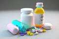 Medicine and drugs. Pill bottle and scattered pills. Medicine and health concept for painless wellness. Generated by ai