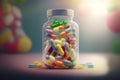 Medicine and drugs. Pill bottle and scattered pills. Wellness medicine and health concept. Generated by ai