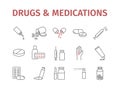 Medicine drugs pills. Medical supplies line icons set. Vector sign Royalty Free Stock Photo