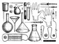 Medicine equipment and protectors against corona virus or other infection. Hand drawn pipette, flask, beaker, glass, tubes, funnel